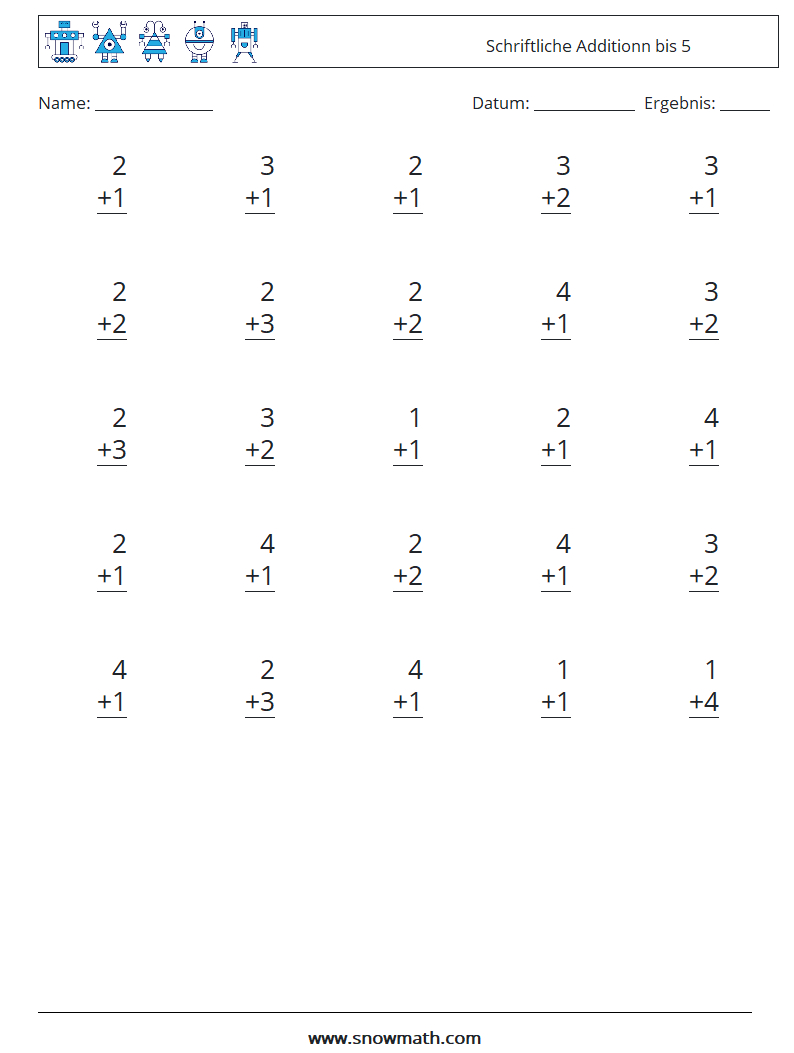 (25) Schriftliche Additionn bis 5 Mathe-Arbeitsblätter 9