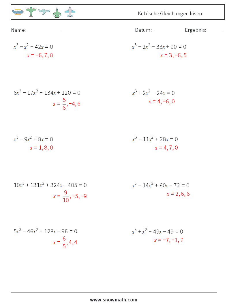 Kubische Gleichungen lösen Mathe-Arbeitsblätter 2 Frage, Antwort