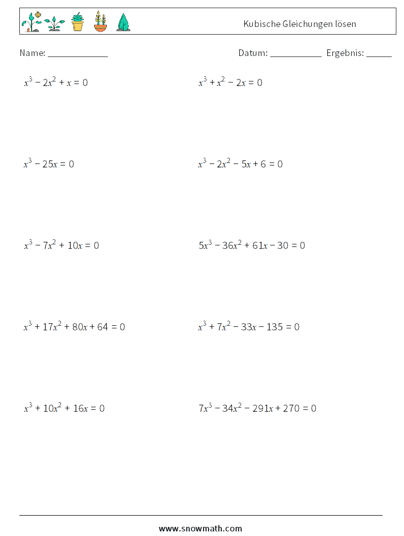 Kubische Gleichungen lösen Mathe-Arbeitsblätter 3