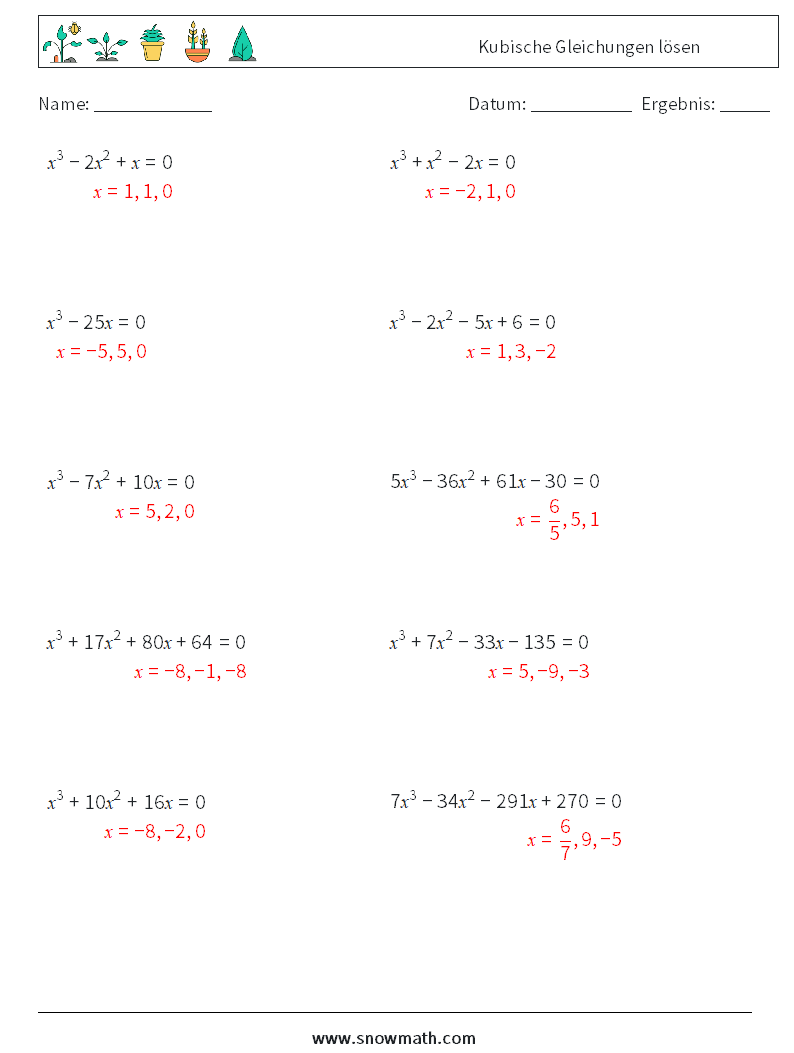 Kubische Gleichungen lösen Mathe-Arbeitsblätter 3 Frage, Antwort