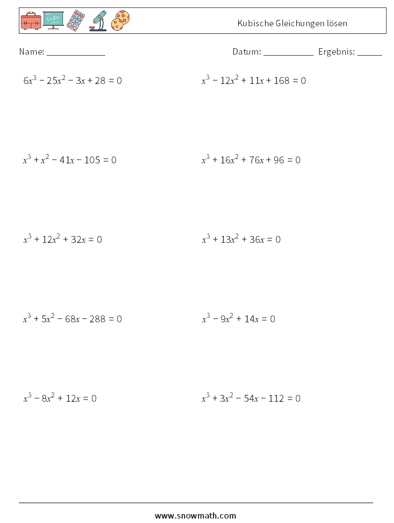 Kubische Gleichungen lösen Mathe-Arbeitsblätter 4