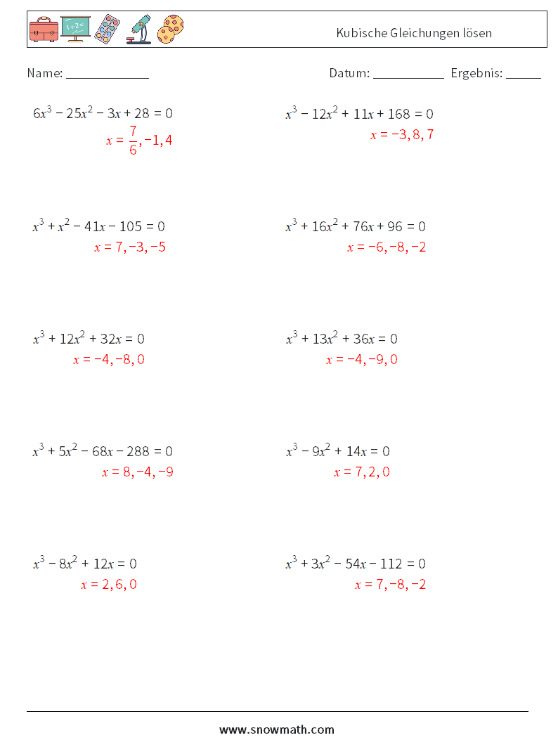Kubische Gleichungen lösen Mathe-Arbeitsblätter 4 Frage, Antwort