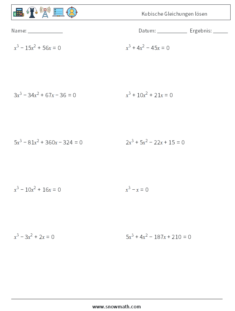Kubische Gleichungen lösen Mathe-Arbeitsblätter 5