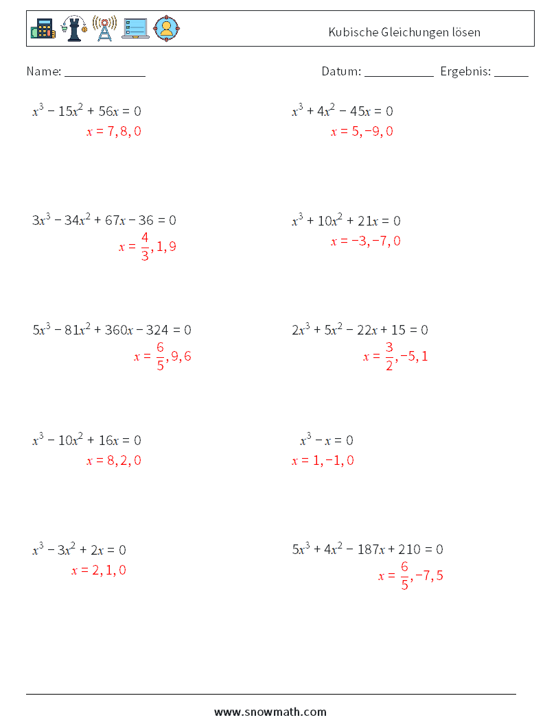 Kubische Gleichungen lösen Mathe-Arbeitsblätter 5 Frage, Antwort