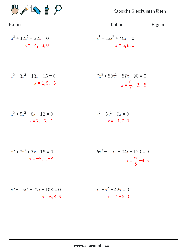 Kubische Gleichungen lösen Mathe-Arbeitsblätter 6 Frage, Antwort
