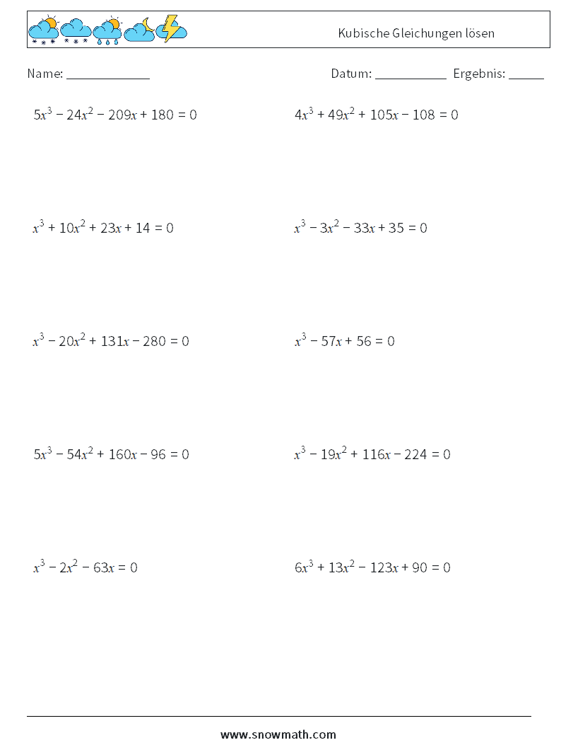 Kubische Gleichungen lösen Mathe-Arbeitsblätter 7