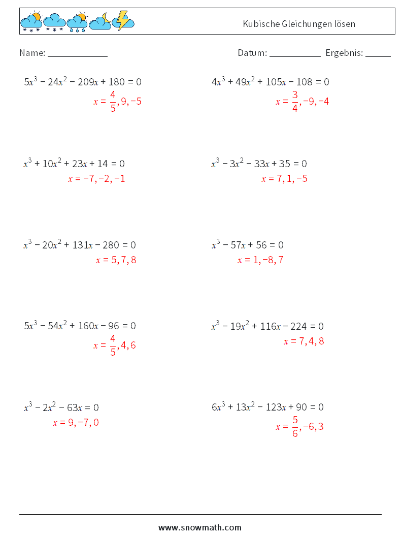 Kubische Gleichungen lösen Mathe-Arbeitsblätter 7 Frage, Antwort