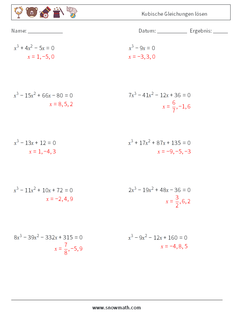 Kubische Gleichungen lösen Mathe-Arbeitsblätter 8 Frage, Antwort