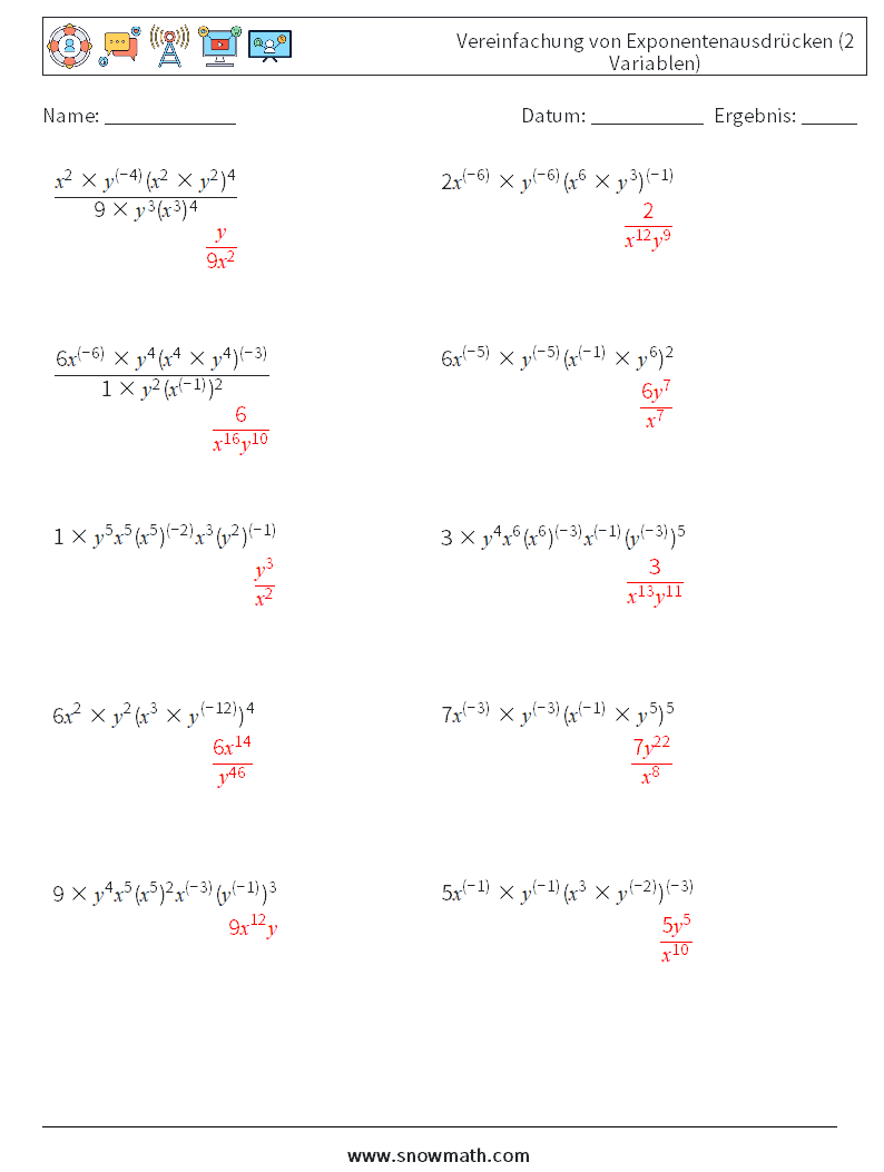  Vereinfachung von Exponentenausdrücken (2 Variablen) Mathe-Arbeitsblätter 1 Frage, Antwort