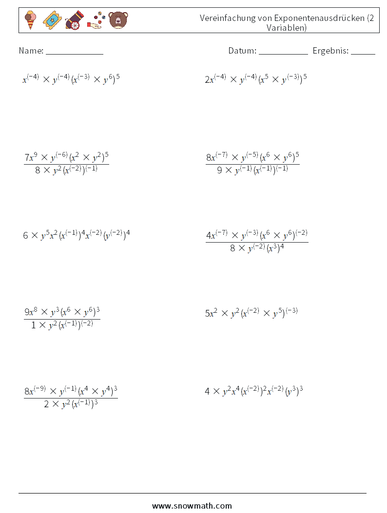  Vereinfachung von Exponentenausdrücken (2 Variablen) Mathe-Arbeitsblätter 2