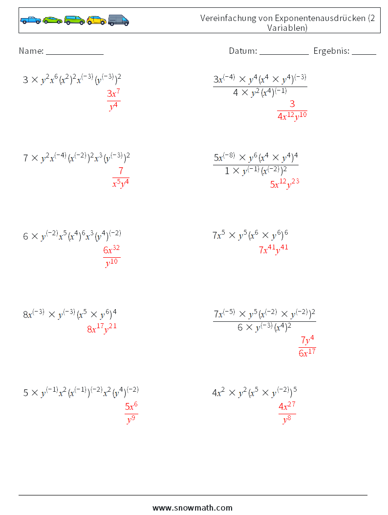  Vereinfachung von Exponentenausdrücken (2 Variablen) Mathe-Arbeitsblätter 4 Frage, Antwort