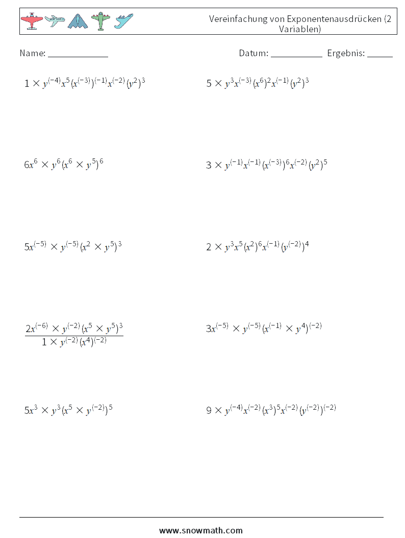  Vereinfachung von Exponentenausdrücken (2 Variablen) Mathe-Arbeitsblätter 6
