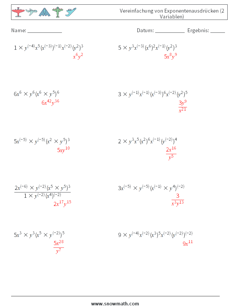  Vereinfachung von Exponentenausdrücken (2 Variablen) Mathe-Arbeitsblätter 6 Frage, Antwort