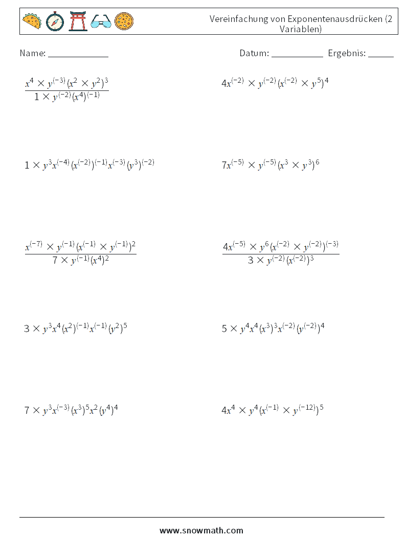 Vereinfachung von Exponentenausdrücken (2 Variablen) Mathe-Arbeitsblätter 7