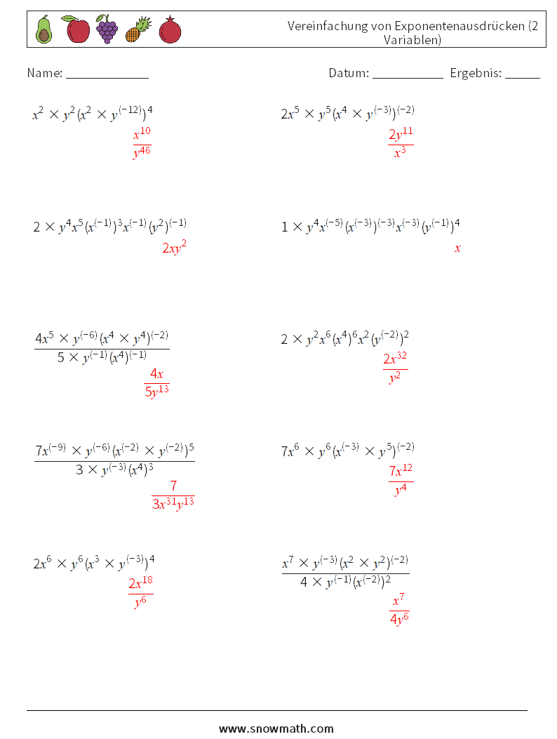 Vereinfachung von Exponentenausdrücken (2 Variablen) Mathe-Arbeitsblätter 9 Frage, Antwort