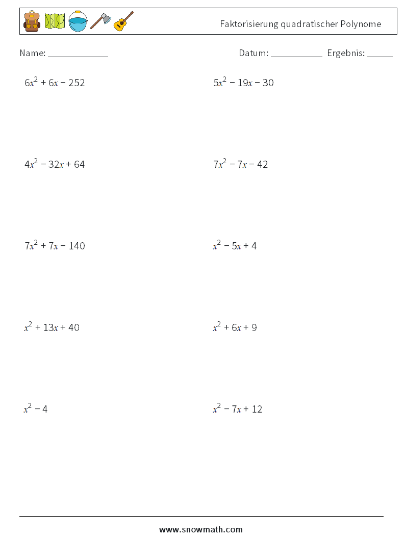 Faktorisierung quadratischer Polynome Mathe-Arbeitsblätter 2