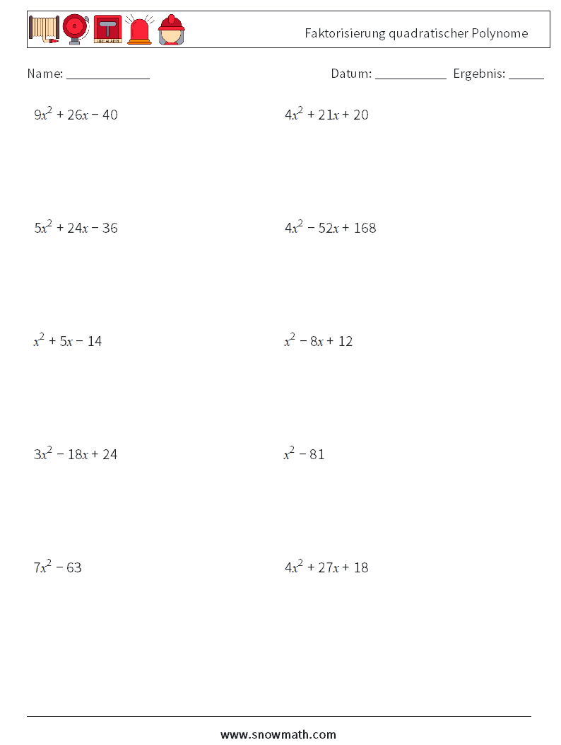 Faktorisierung quadratischer Polynome Mathe-Arbeitsblätter 3