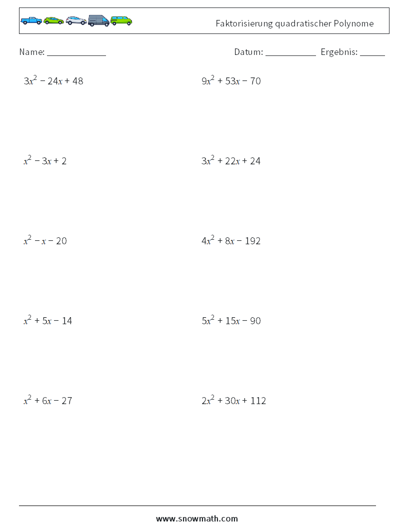 Faktorisierung quadratischer Polynome Mathe-Arbeitsblätter 8