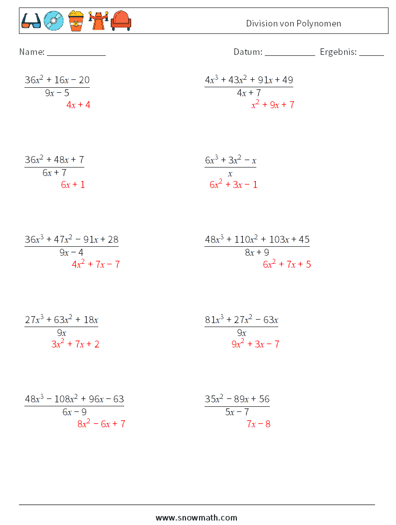 Division von Polynomen Mathe-Arbeitsblätter 1 Frage, Antwort