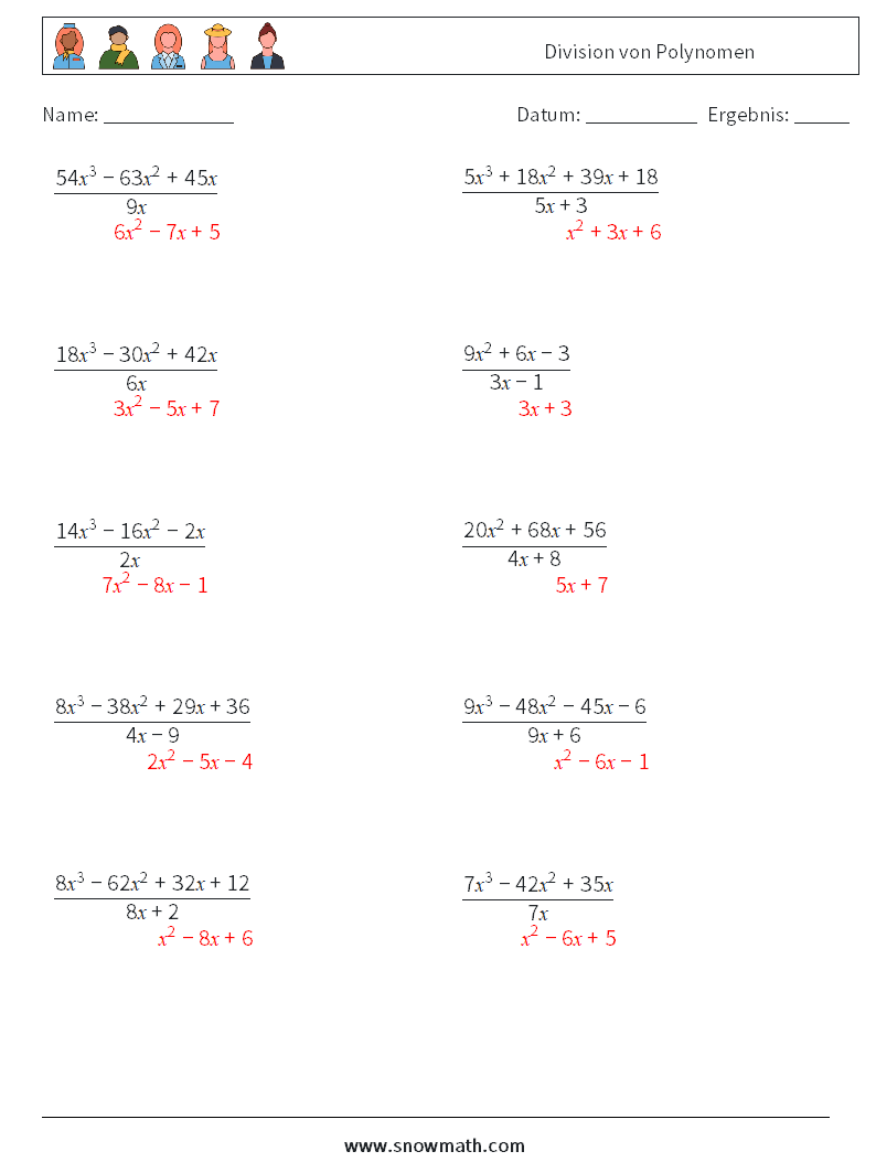Division von Polynomen Mathe-Arbeitsblätter 2 Frage, Antwort