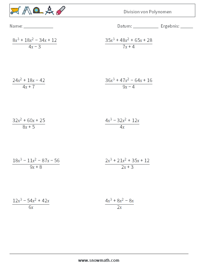 Division von Polynomen Mathe-Arbeitsblätter 3
