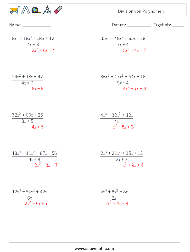 Division von Polynomen Mathe-Arbeitsblätter 3 Frage, Antwort