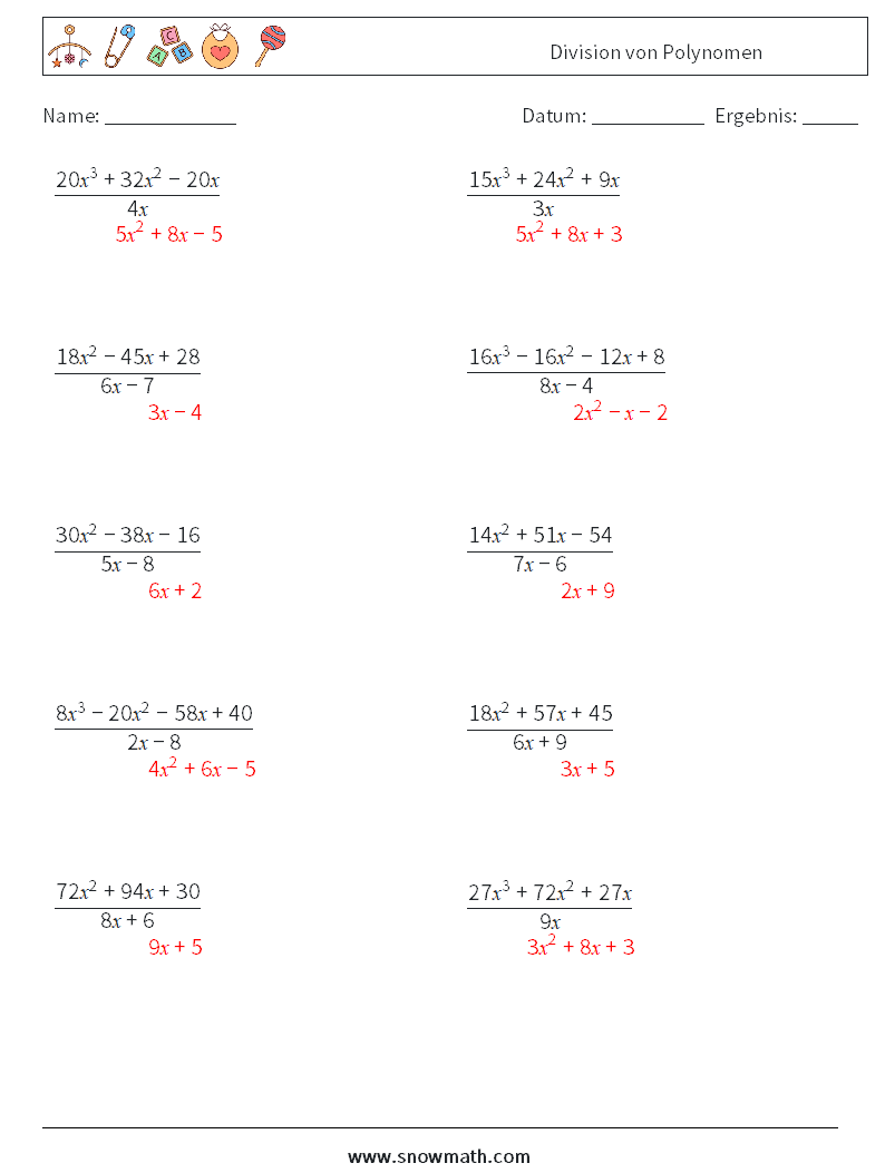 Division von Polynomen Mathe-Arbeitsblätter 4 Frage, Antwort