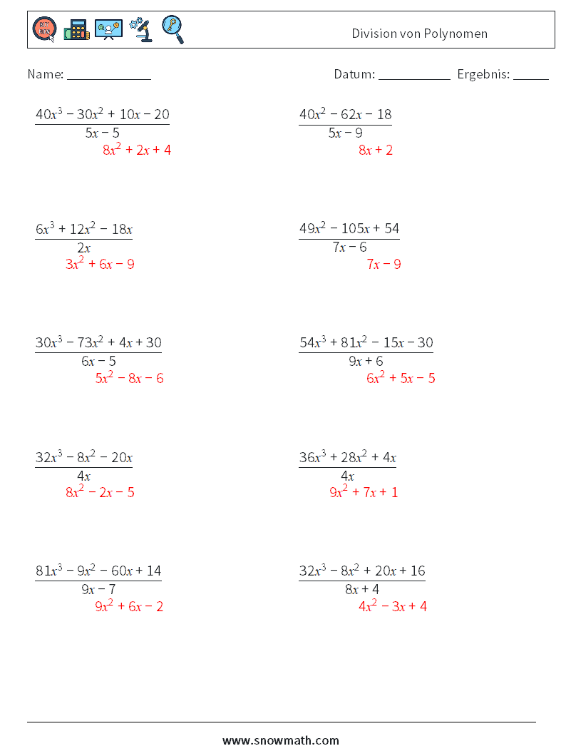 Division von Polynomen Mathe-Arbeitsblätter 5 Frage, Antwort