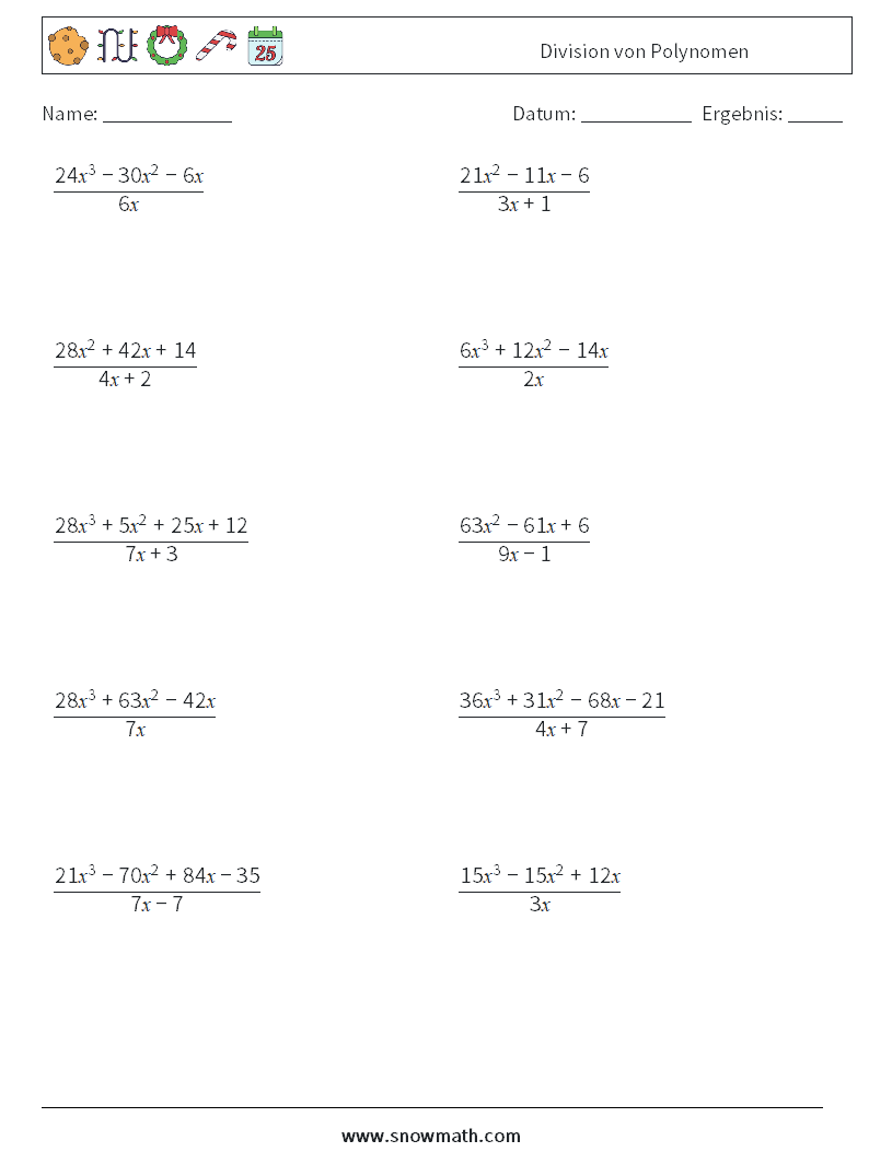 Division von Polynomen Mathe-Arbeitsblätter 6