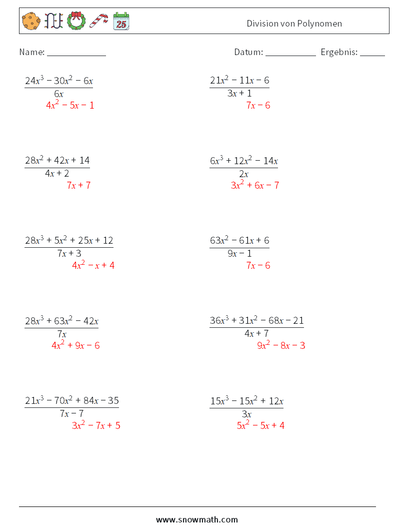 Division von Polynomen Mathe-Arbeitsblätter 6 Frage, Antwort