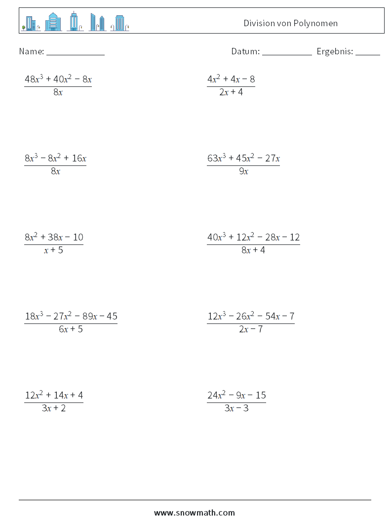 Division von Polynomen Mathe-Arbeitsblätter 7