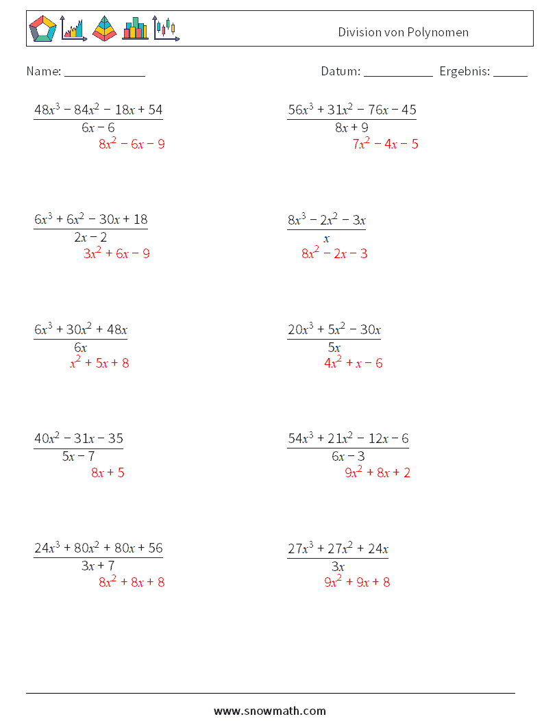 Division von Polynomen Mathe-Arbeitsblätter 8 Frage, Antwort