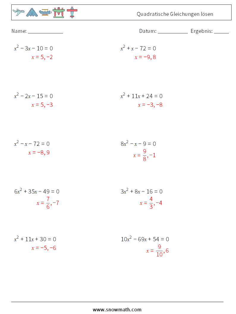 Quada Math quadratische gleichungen lösen Mathe-Arbeitsblätter 3Mathe ...