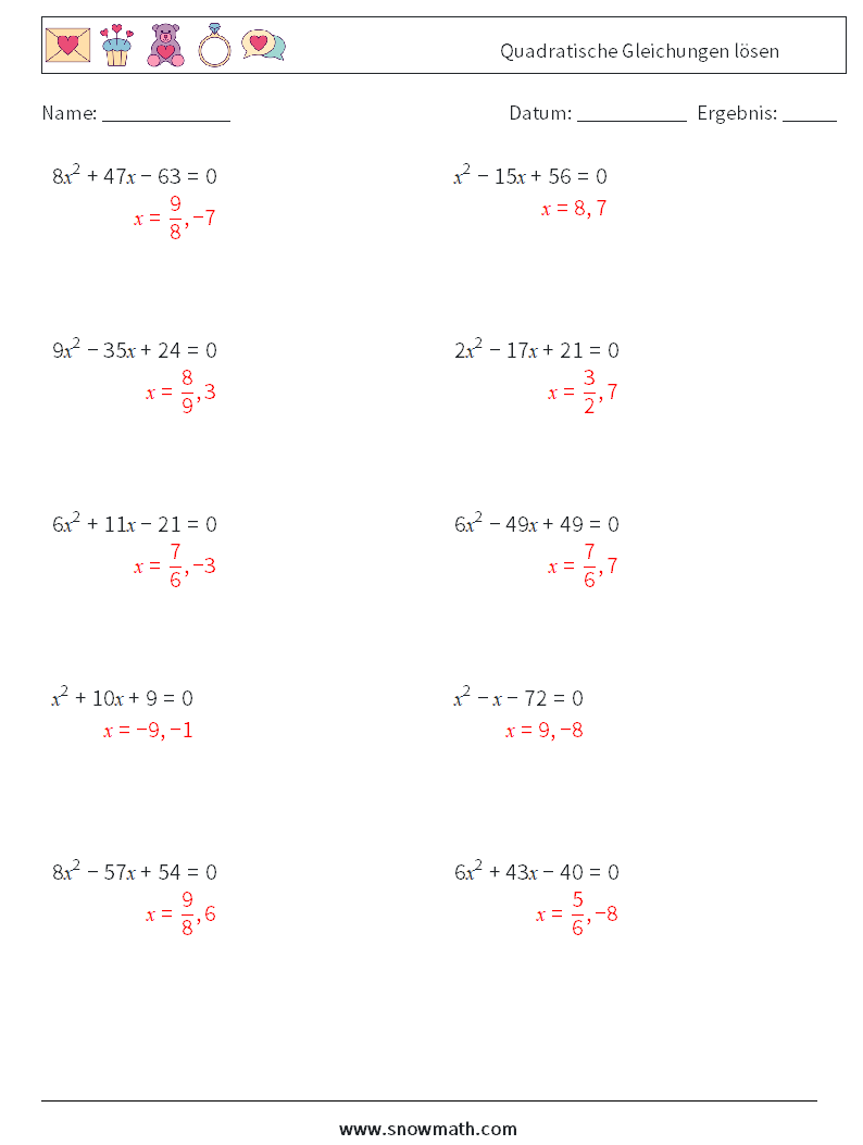 Quadratische Gleichungen lösen Mathe-Arbeitsblätter 2 Frage, Antwort