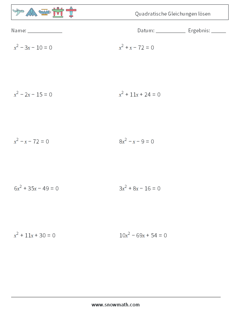Quadratische Gleichungen lösen Mathe-Arbeitsblätter 3