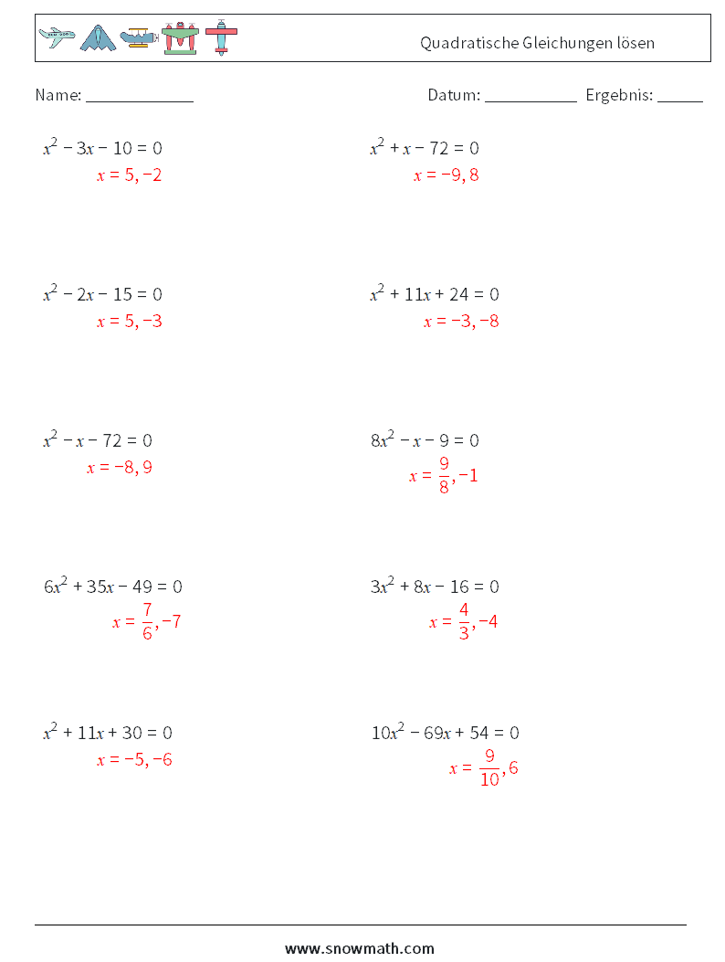 Quadratische Gleichungen lösen Mathe-Arbeitsblätter 3 Frage, Antwort