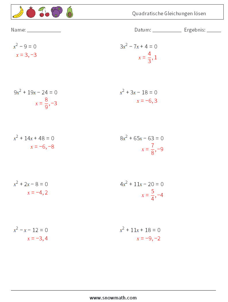 Quadratische Gleichungen lösen Mathe-Arbeitsblätter 4 Frage, Antwort