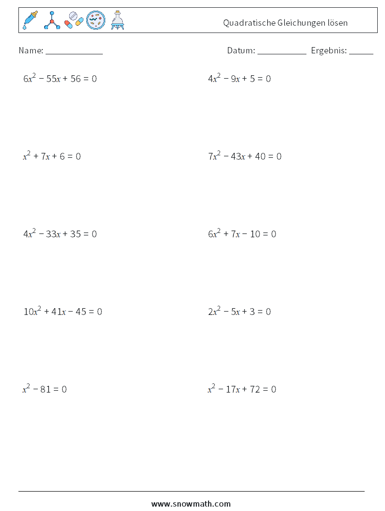 Quadratische Gleichungen lösen Mathe-Arbeitsblätter 5