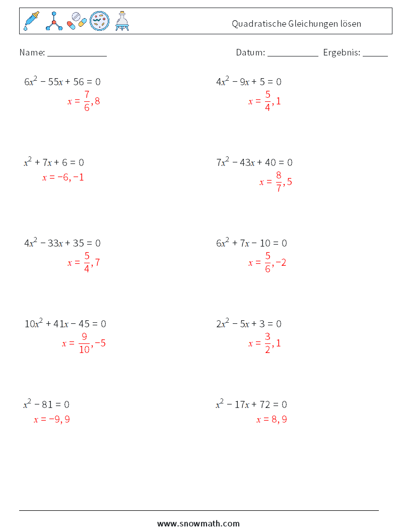 Quadratische Gleichungen lösen Mathe-Arbeitsblätter 5 Frage, Antwort