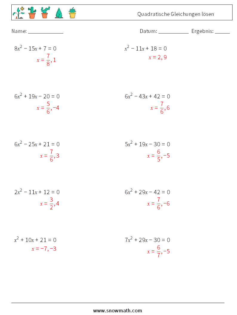 Quadratische Gleichungen lösen Mathe-Arbeitsblätter 6 Frage, Antwort