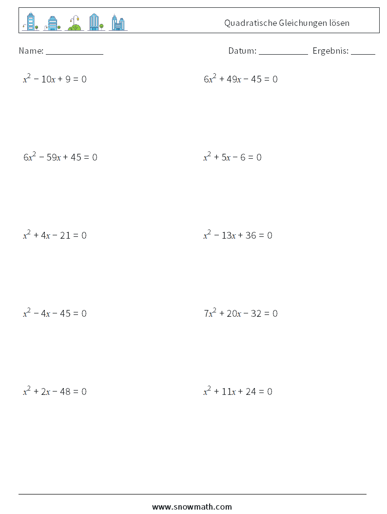 Quadratische Gleichungen lösen Mathe-Arbeitsblätter 7