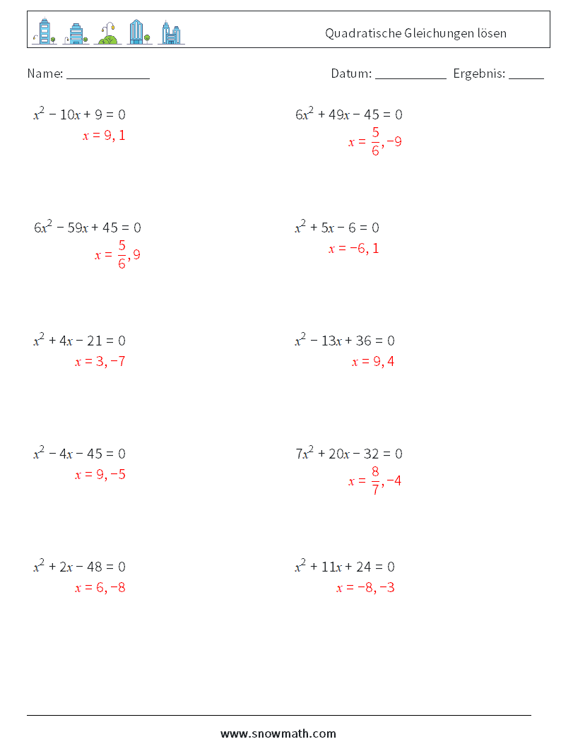 Quadratische Gleichungen lösen Mathe-Arbeitsblätter 7 Frage, Antwort