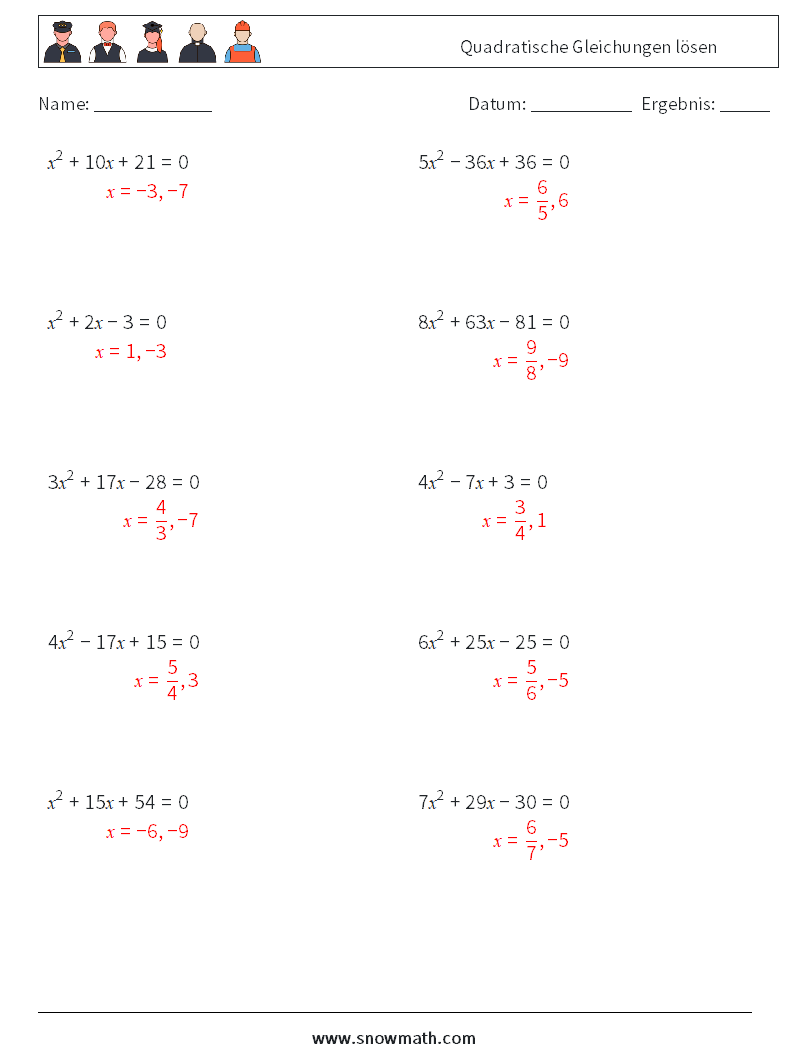Quadratische Gleichungen lösen Mathe-Arbeitsblätter 8 Frage, Antwort