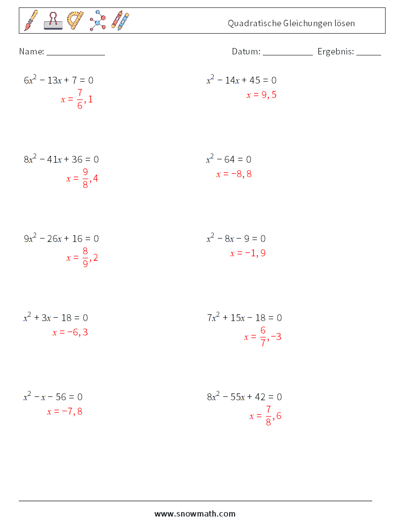 Quadratische Gleichungen lösen Mathe-Arbeitsblätter 9 Frage, Antwort