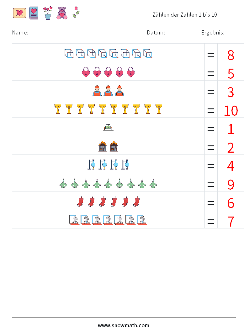 Zählen der Zahlen 1 bis 10 Mathe-Arbeitsblätter 12 Frage, Antwort