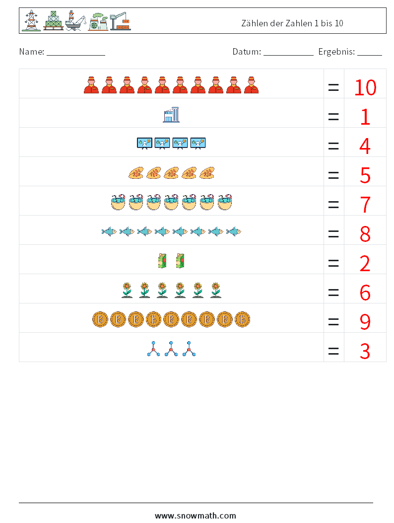 Zählen der Zahlen 1 bis 10 Mathe-Arbeitsblätter 13 Frage, Antwort