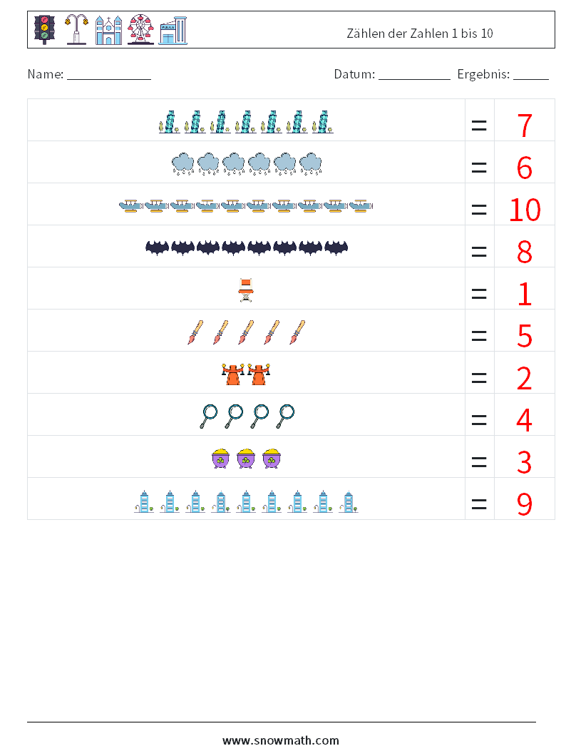 Zählen der Zahlen 1 bis 10 Mathe-Arbeitsblätter 18 Frage, Antwort