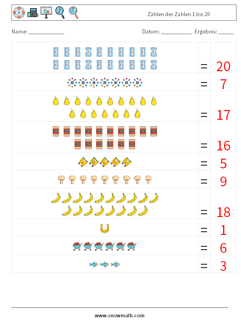 Zählen der Zahlen 1 bis 20 Mathe-Arbeitsblätter 10 Frage, Antwort