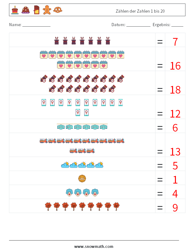 Zählen der Zahlen 1 bis 20 Mathe-Arbeitsblätter 13 Frage, Antwort