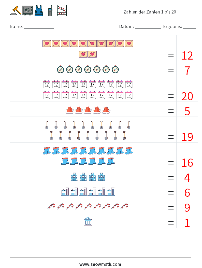Zählen der Zahlen 1 bis 20 Mathe-Arbeitsblätter 14 Frage, Antwort